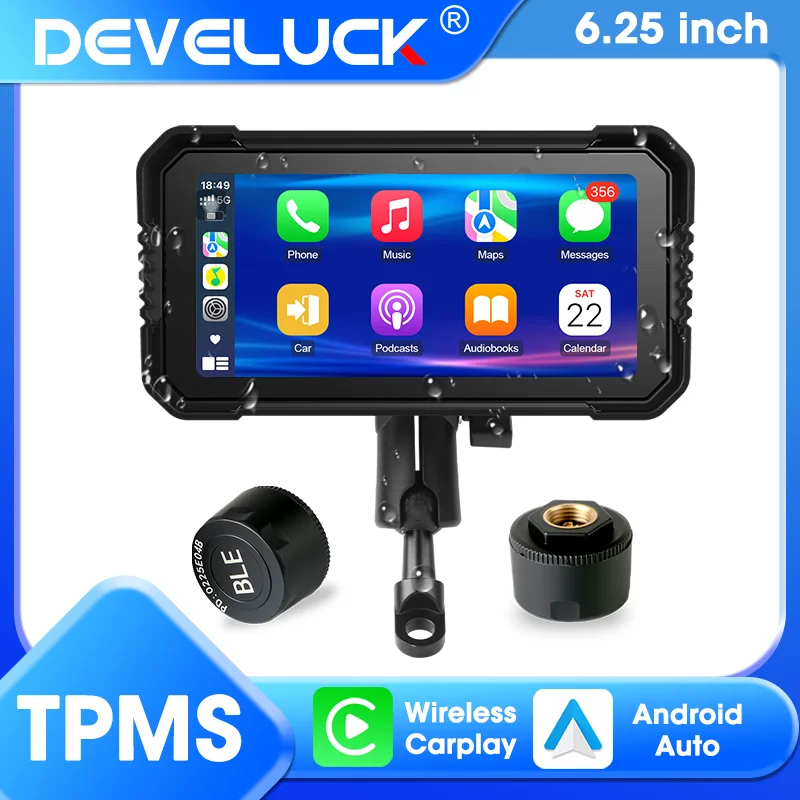 

Develuck 6.25'' Moto CarPlay GPS Navigation TPMS Display Screen Portable Digital Motorcycle Dashboard Motobike Android Auto IP67