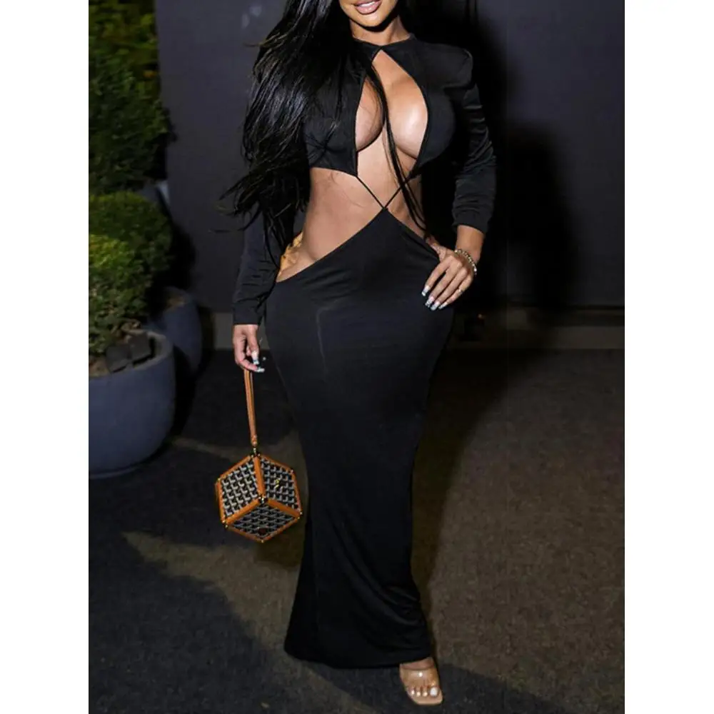 Robe longue à découpe sensuelle – Robe de club Y2K en maille transparente, manches longues et taille basse, moulante courbe pour les fêtes rave