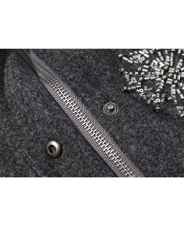 HH-Chaqueta de lana con lentejuelas estampadas y cuello levantado para mujer, abrigo informal de manga larga con cremallera, moda de invierno 2025