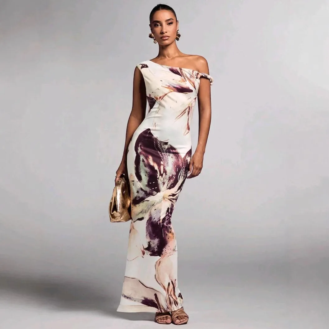 

European and American new summer casual floral print sleeveless pleated shoulder fitted long dress for women's clothing