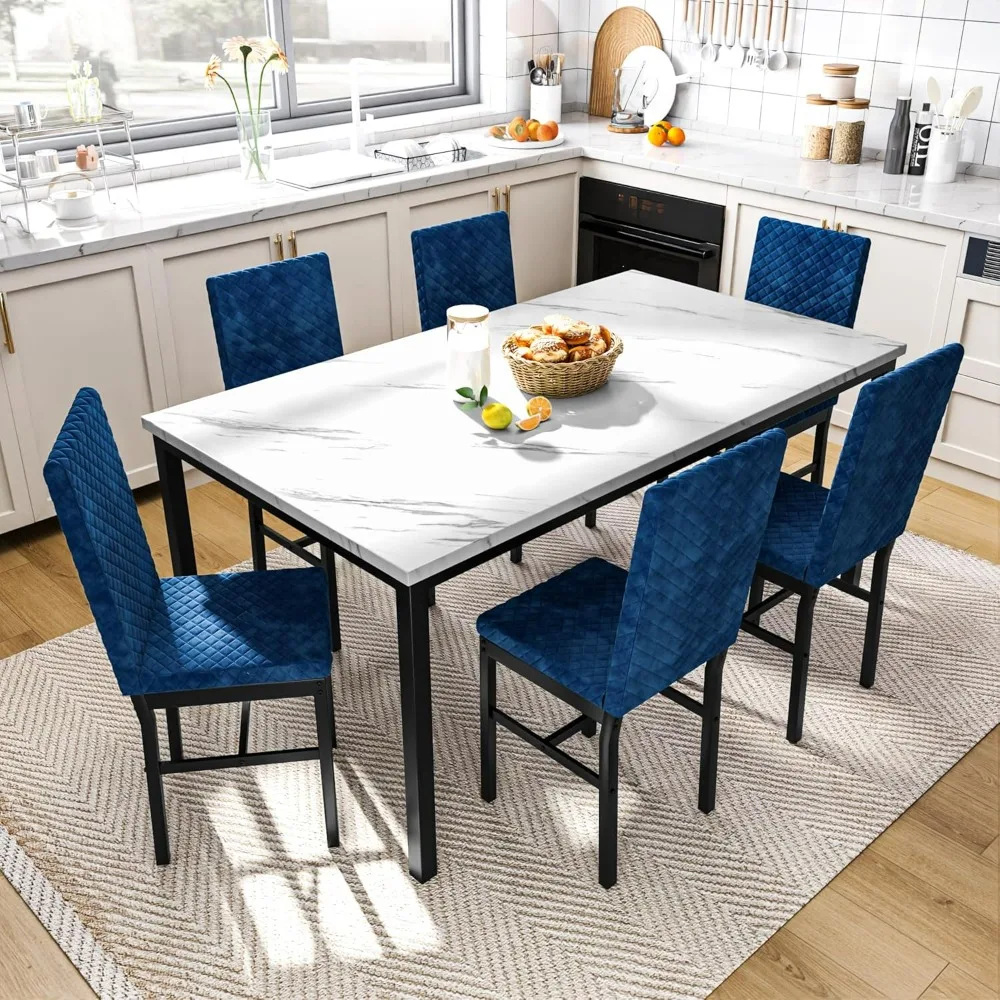 Dining Table Set, 7 Piece Large Modern Kitchen Table and Chairs with Metal Frame, Dining Room Table Set with 6 Velvet Chairs