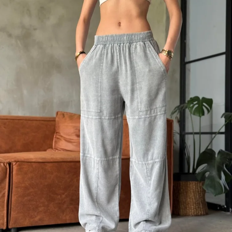 

2026 Women's New Fashion Trend Basic Versatile Solid Color Loose Solid Color Casual Splicing Elastic Waist Women's Trousers