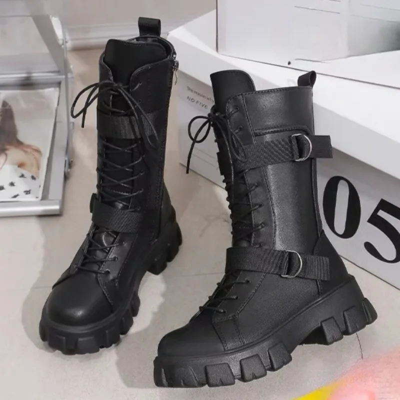

Women's Mid-Calf Boots High Quality Casual Leather Boots Fashion Motorcycle Booties Designer Belt Buckle Knight Boots for Women