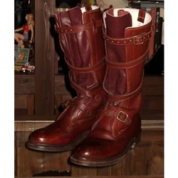 Brown Matte Leather Men's Cowboy Boots Strappy Buckle Round Toe Chunky Heels Shoes Work Winter Shoes 2023 Zapatos Para Hombres