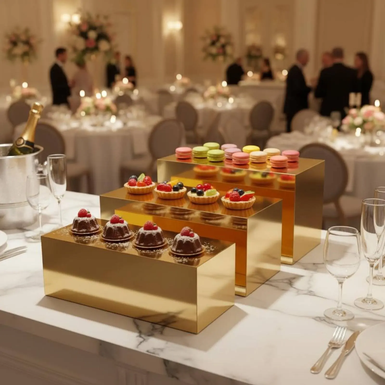 

3 Pieces Gold Acrylic Display Riser Set Lightweight Buffet Food Display Stand Buffet Food Riser Easy to Clean for Dessert Table