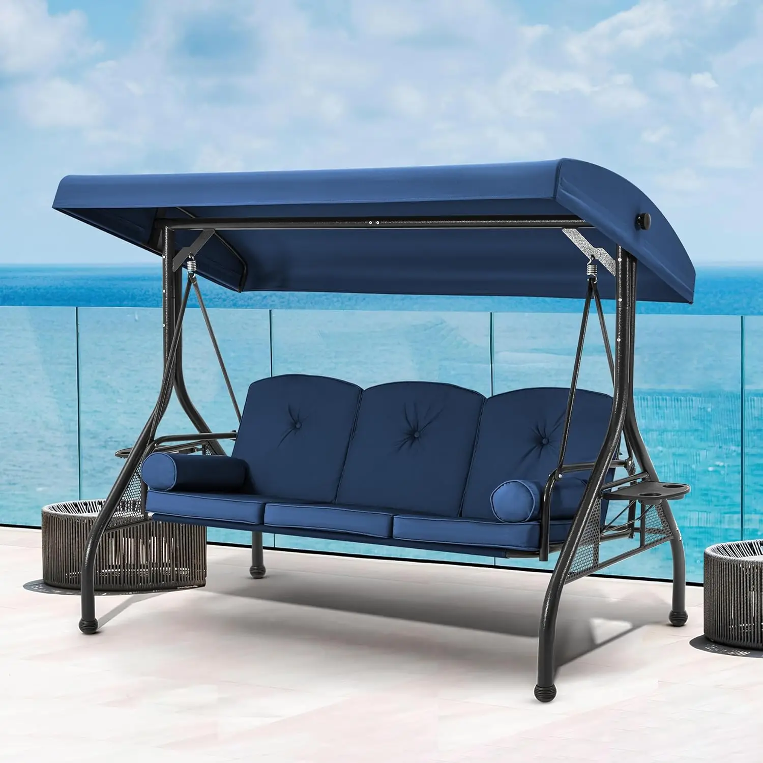

Blue Outdoor Porch Swing with Adjustable Canopy, Convertible Patio Glider Bed, Enhanced Cup Holder & Thick Cushions