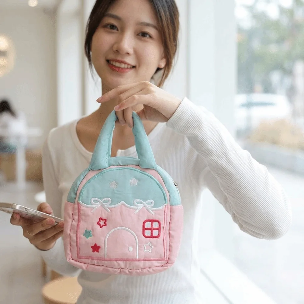 Embroidery Decor Camera Carrying Bag Large Capacity Portable Small House Shaped Handbag Cartoon Hand-held Makeup Organizer Bag