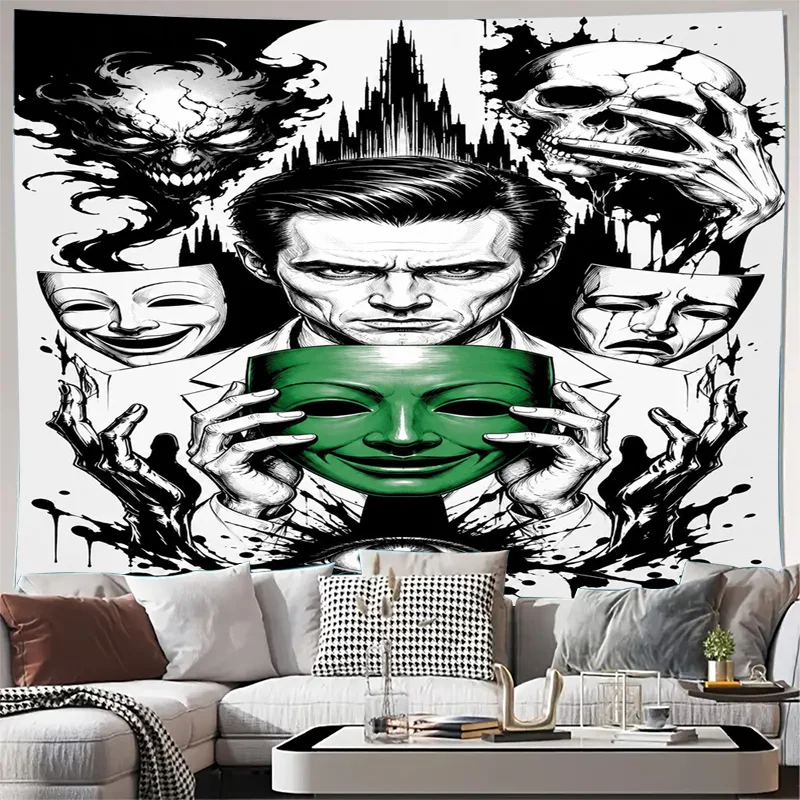 Gothic Skull Mask Tapestry Wall Hanging Horror Punk Rock Emo Aesthetic Art Decor for Living Room Man Cave Print