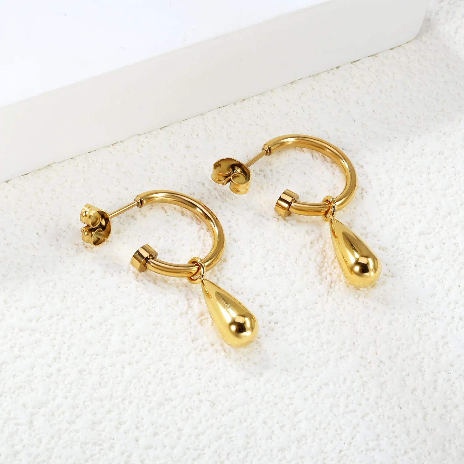Thick Spring Huggie Solid Water Drop Dangle Earrings 316 Stainless Steel Gold Steel Two-Tone Minimal Soft Long Face-Slimming Hoo