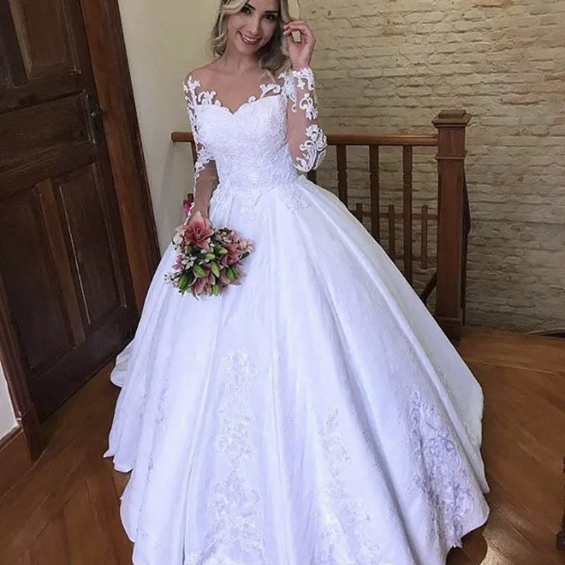 Vestido De novia de satén con cuello redondo, Vestido De novia de manga larga con apliques De encaje, Vestido de novia con cola De barrido