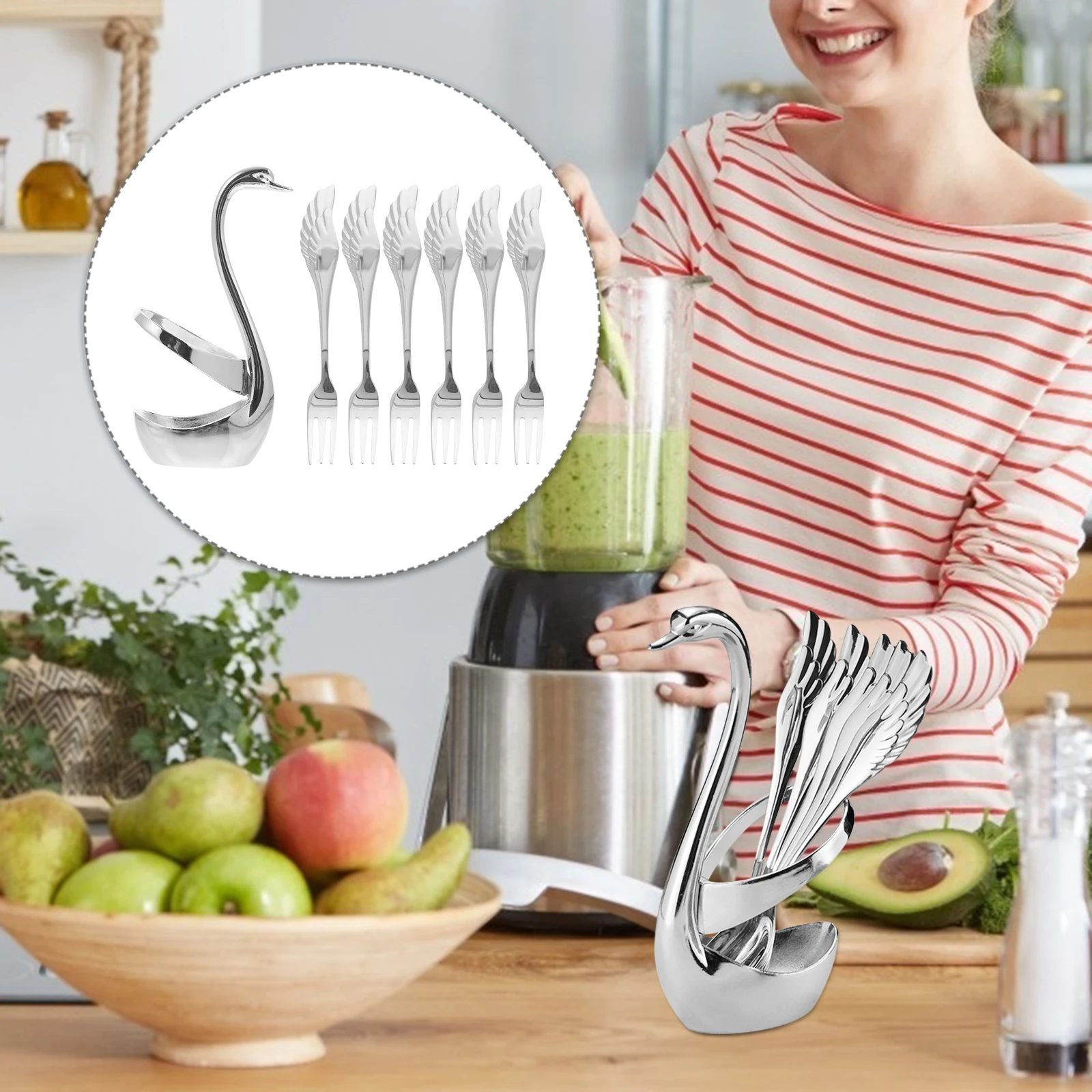 

6 Fruit Forks Swan Cutlery Set Stainless Steel Anti Rust Dessert Serving Forks Tableware Kitchen Cafe Bar Decor Creative