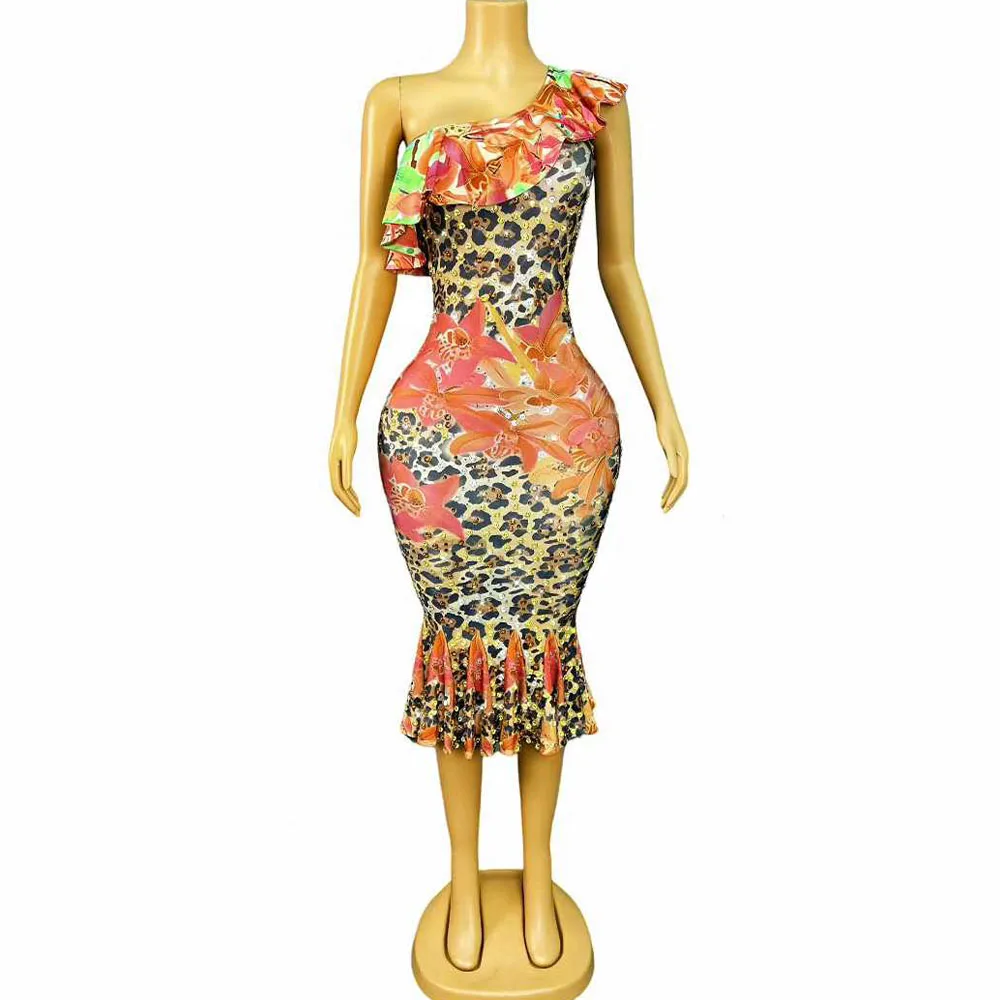 

Sexy Flowers Leopard Print Designed Shining Rhinestones One shoulder Dress Women Party Show Stage Perform Latin Dance Dress