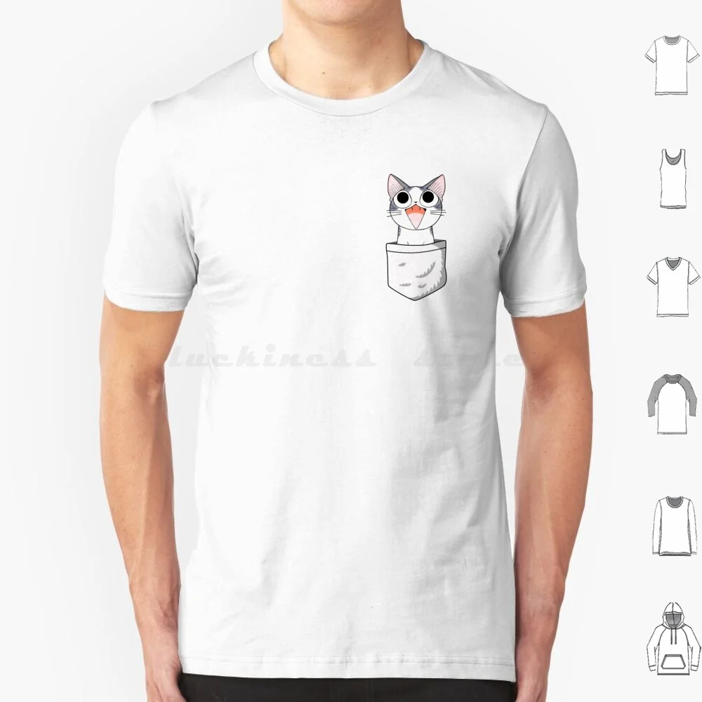 Gato bolsillo Happy Moew Chi gris-blanco Anime, Manga amante camiseta tamaño grande 100% algodón Chi gato dulce hogar lindo Meow Kawaii Manga