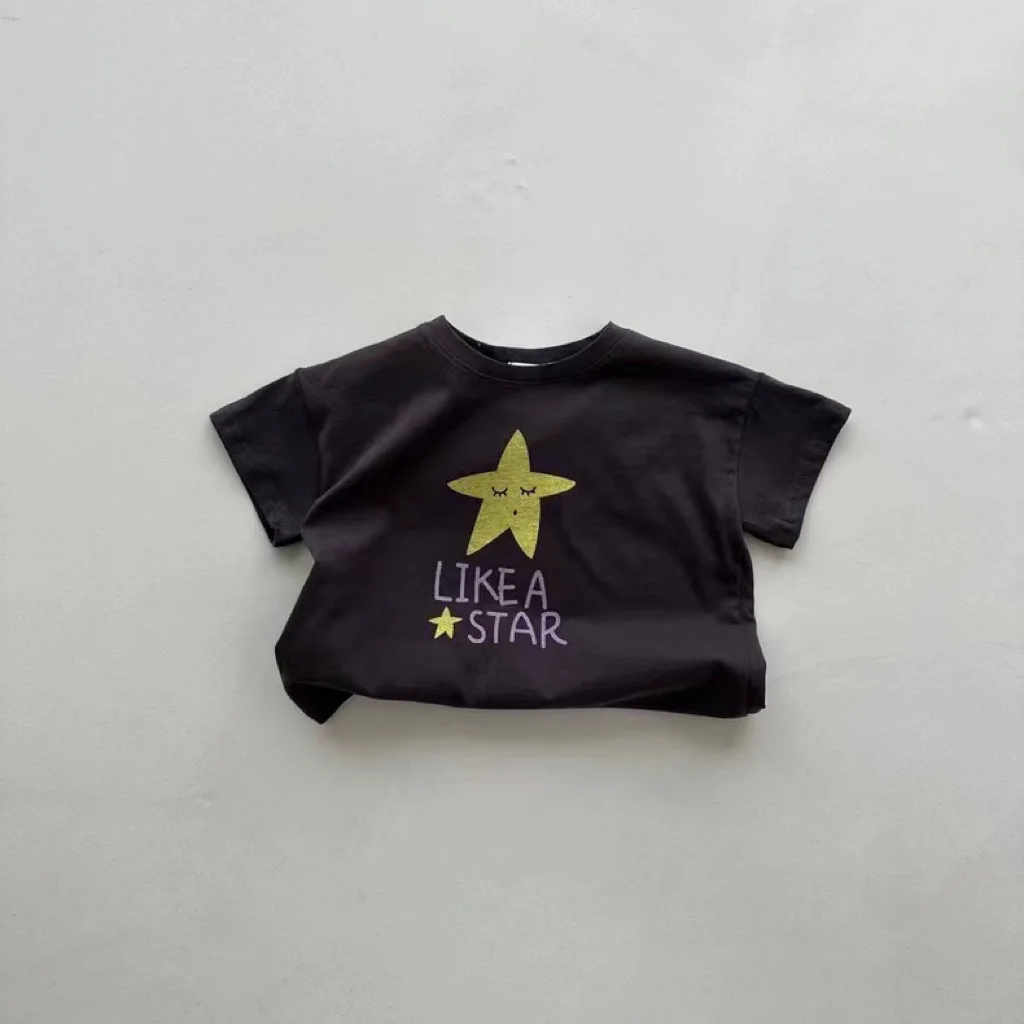 Top de manga curta estilo coreano bebê, estampa estrela, camiseta com todos os fósforos, roupa fofa para meninos e meninas, verão