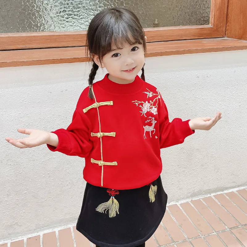 Vestido Hanfu Retro rojo Vintage para niño y niña, traje de dos piezas bordado de estilo chino, traje de juego de rol, otoño e invierno, nuevo