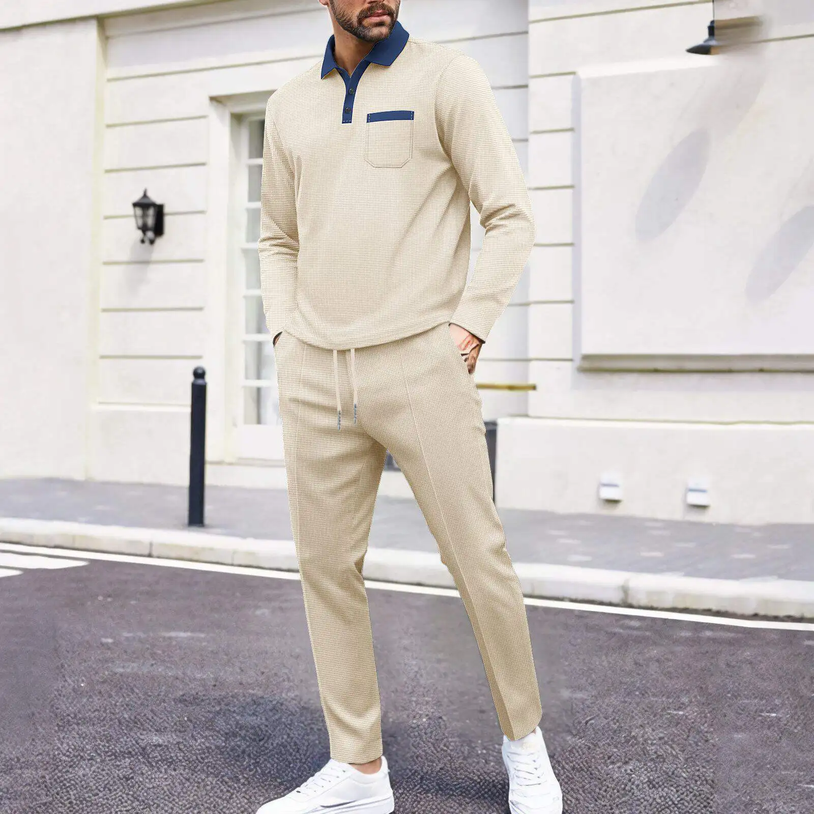 

Spring Autumn Men's Casual Sports Outdoor Versatile Color Collar Set Long Sleeve Shirt And Pants Ensemble for All Seasons