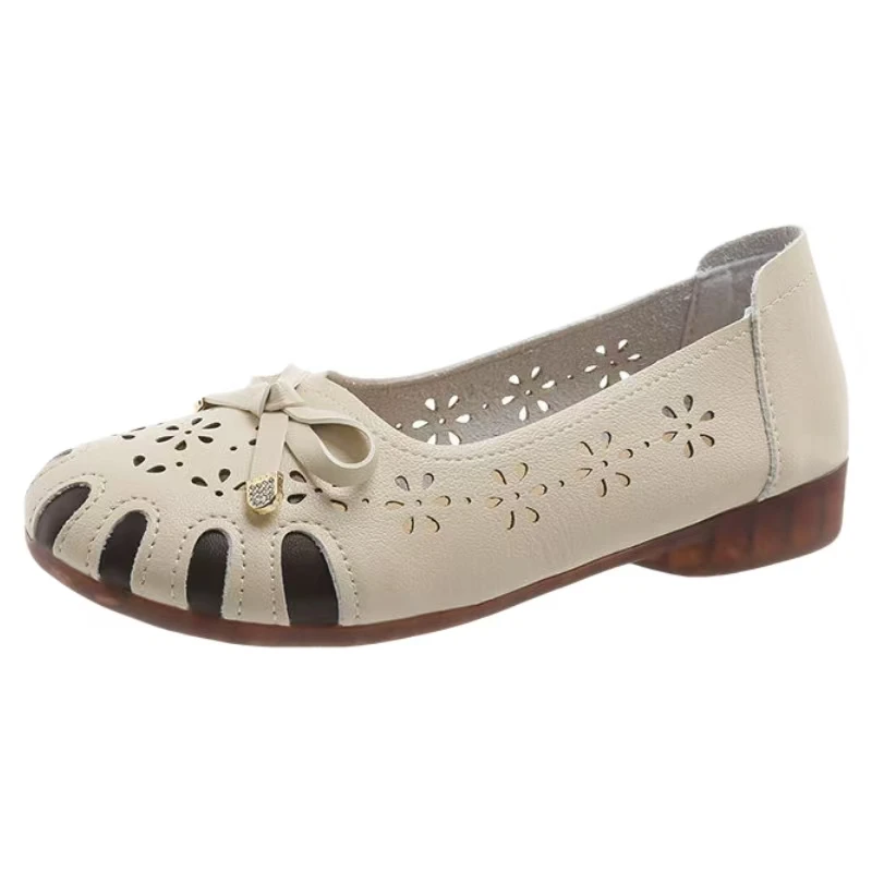 

Женские весенне-летние кожаные туфли на плоской подошве с мягкой подошвой, нескользящая обувь с круглым носком, неглубокая обувь без шнуровки в форме пещеры, обувь для пожилых людей