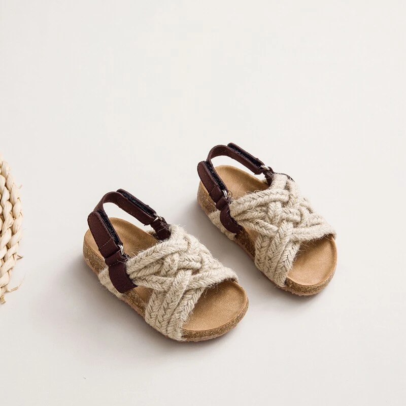 

Kids Cross Jute Strap Sandals 2026 New Summer Toddler Chunky Beach Sandals Non-slip Simple Classic School Outdoor Barefoot Shoes