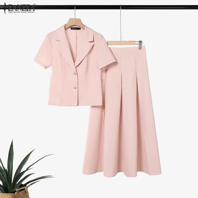 

2026 ZANZEA Elegant Short Sleeve Blouse Dress Sets Summer 2 Pieces Sets Office Women Outfits Solid A Line OL Work Skirt Suit