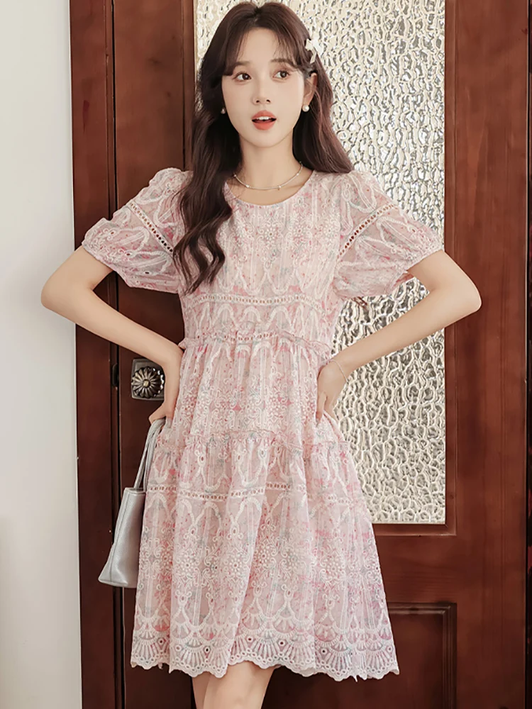 Pink Floral Cheap Casual Women's Dresses Summer Elegant Emboridery Hollow Out Midi Dress 2024 Korean Bodycon Party Night Dresses