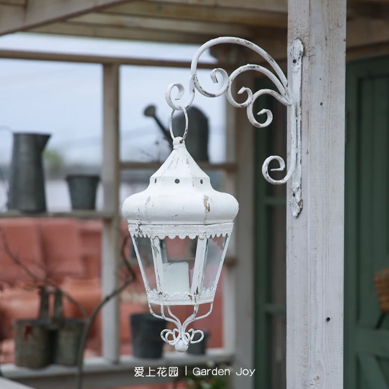 Vintage White Garden Lantern, Outdoor Candle Holder with Hanging Bracket and Chain, Rustic Metal and Glass Decor