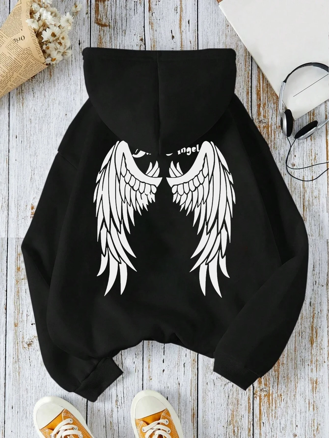 Dark Angel Giant Wings Print Women Hoodie Fashion Casual Hoody Loose Fleece Soft Sweatshirt Breathable Soft Sportswear Female