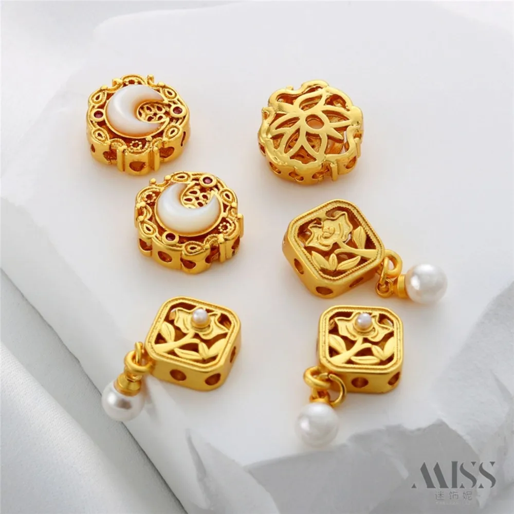 18 Karat Gold Cross Through Hole Flat Spacer Beads Matte Gold Square Hollow Autumn Chrysanthemum Diy Handmade Bracelet Jewelry