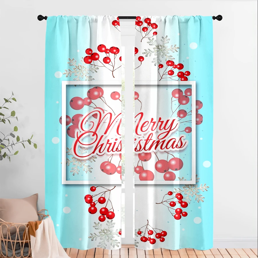 2PCS Digital Print Curtains, Light Blue Background Red Berries Snowflakes Merry Christmas Frame, Fresh Festive Style - Christmas