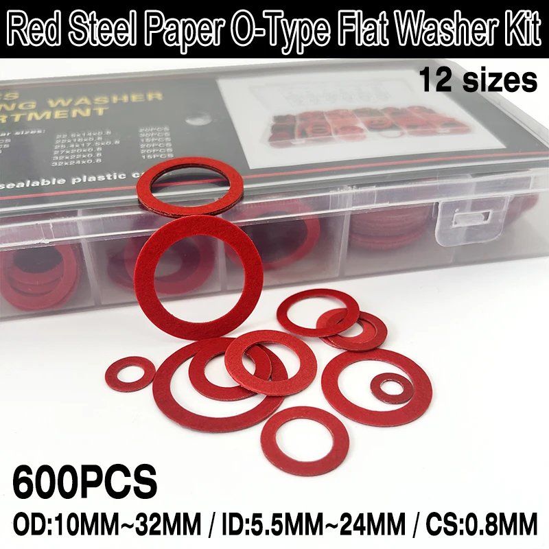

Insulation Red Steel Paper O-Type Flat Washer Kit 600Pcs redpaper gasket wear-resistant seal CS 0.8MM ID 5.5mm-24mm OD 10mm-32mm
