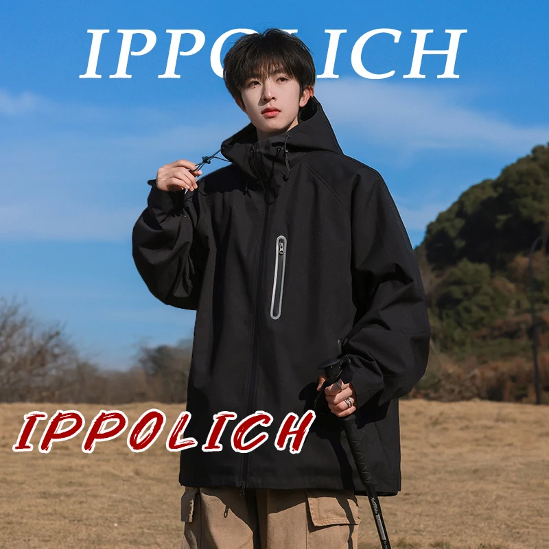 IPPOLICH Hiking Jacket Windproof Waterproof Fashion Outdoor Reflective Camping Jacket Sports Solid Color Loose Coats Basic Model