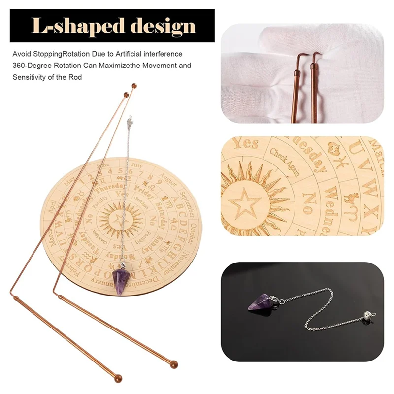 ABLG 2 Set Copper Dowsing Rods Spiritual And Divining Pendulum Board Mat Kit For Ghost Hunting,Divining Water,Energy Healing