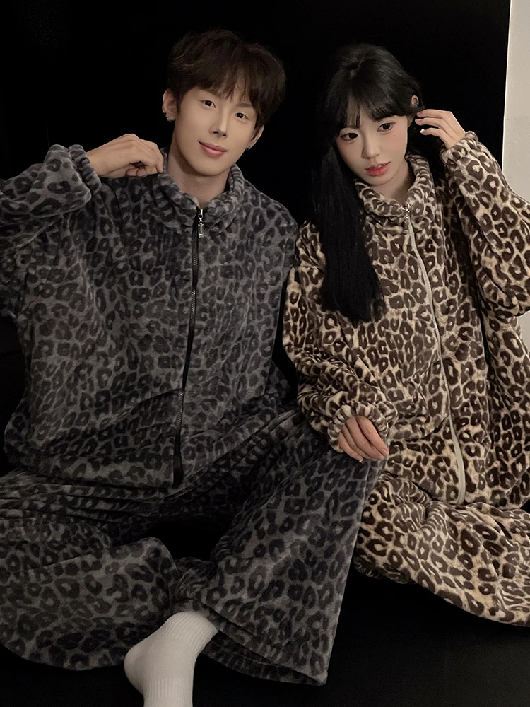 다이멜루 레오파드 프린트 잠옷 세트 남성용 파자마 가을 코랄 플리스 플란넬 고급 두꺼운 겨울 라운지웨어 수트