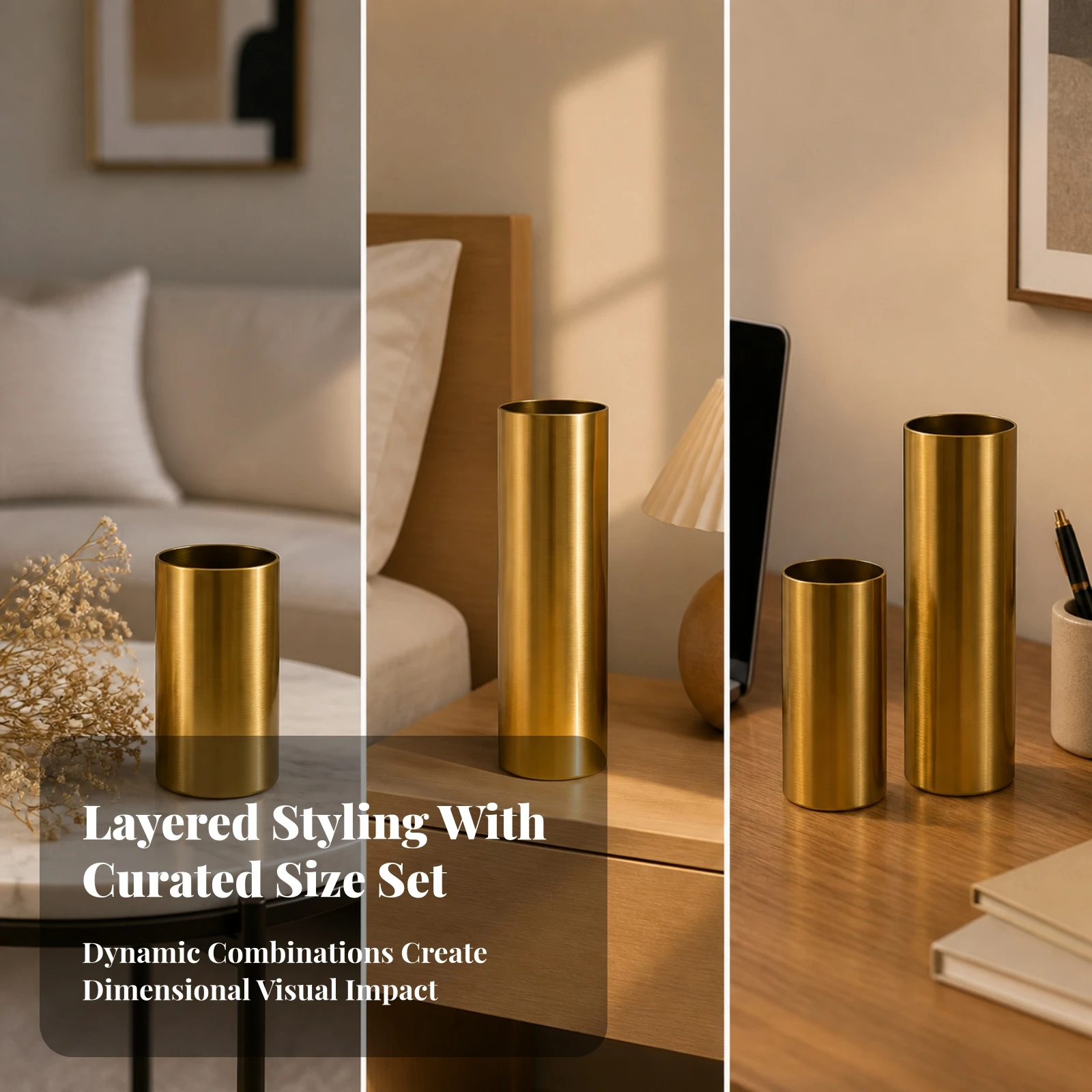 Brass-Gold Electroplated Vase Shimmering Cylindrical Metal Vase Stylish Elegant for Dried Flower Display, Tabletop Decor