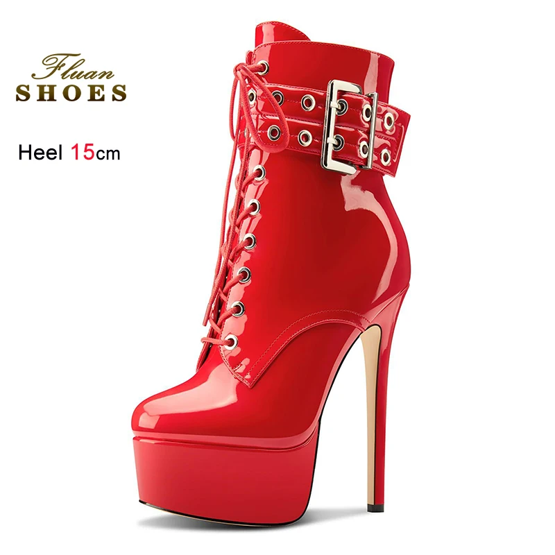 

2026 Autumn Winter Red Women's Bare Boots Thin High Heels 15cm Platform Belt Buckle Strap Ankle Boots Round Toe Ladies Shoes CD