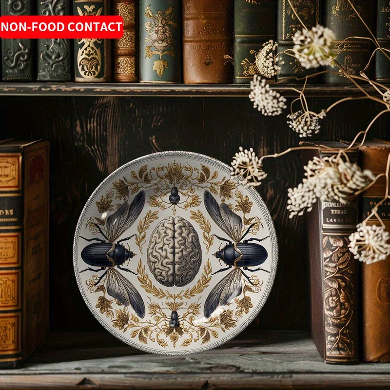 1pc Elegant Beetle & Brain Art Ceramic Decorative Plate - Round Wall Hanging Ornament for Home, Living Room, Study - Non-Food