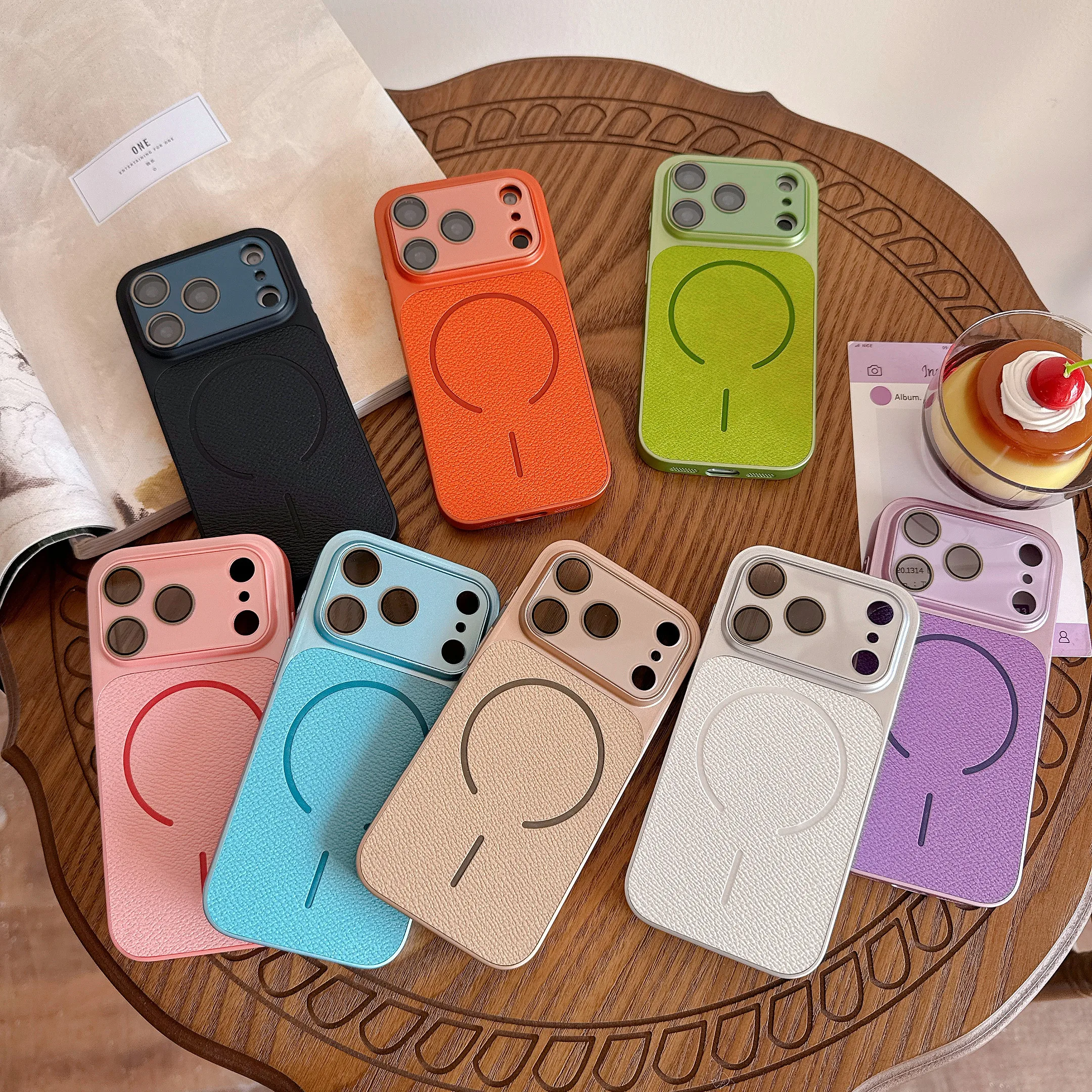 

PU Leather Simple Slim Phone Case for iPhone Air 13 14 15 16 17Pro Max Wireless Charging Magnetic Lens Film Protection Cover