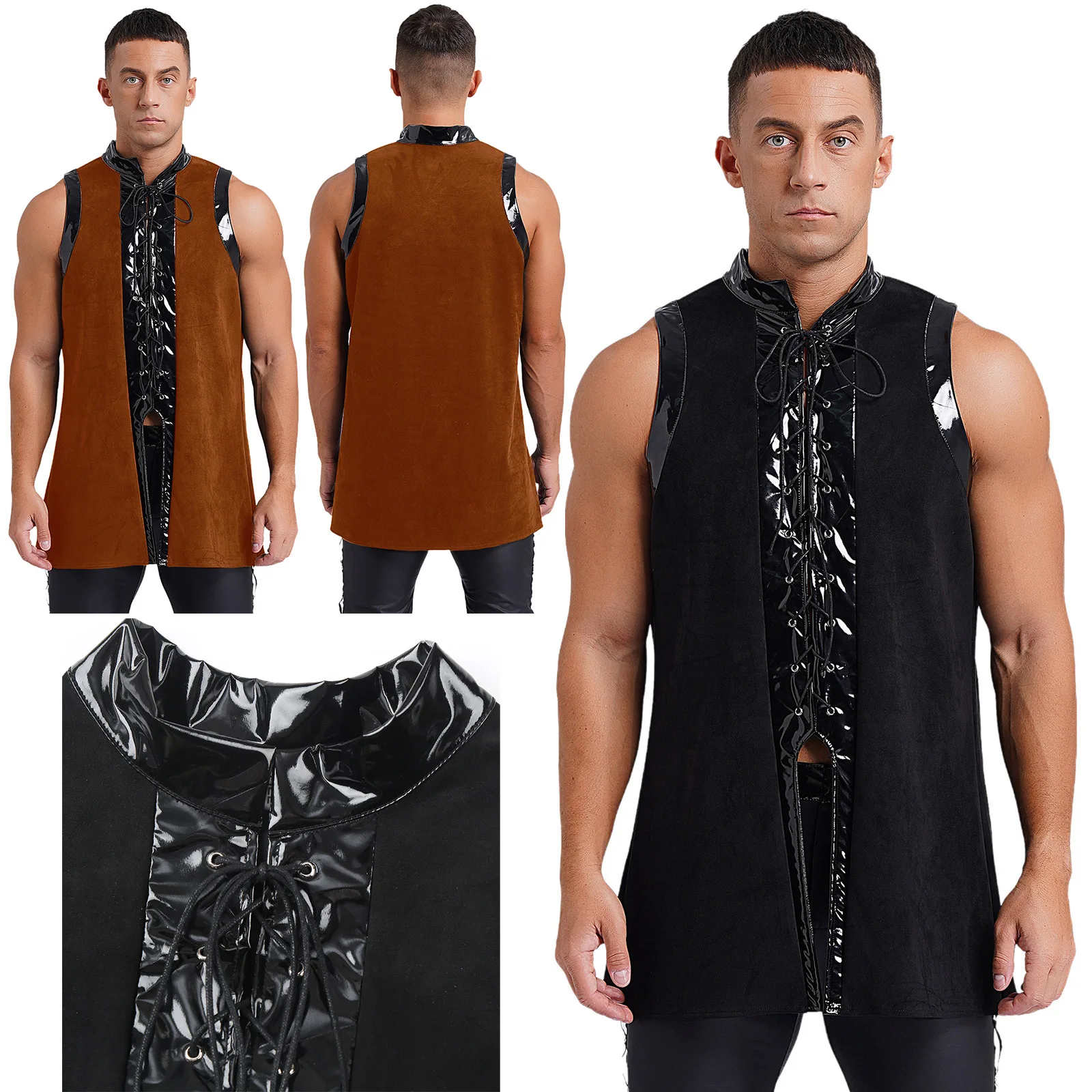 Mans Medieval Gothic Waistcoat Wetlook Leather Lace Up Sleeveless Vest Renaissance Steampunk Vampire Blazer Undershirts