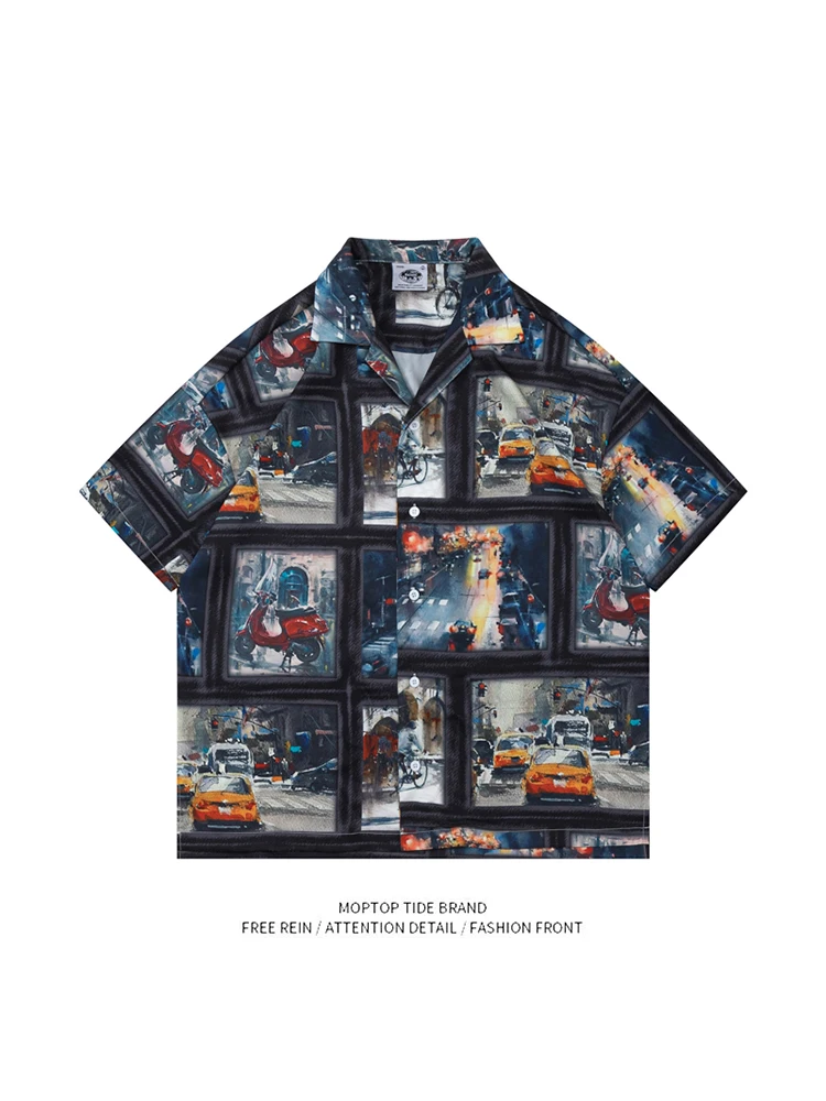 

Mr. WH Summer Rain Street Scene Oil Painting Hawaii Short Sleeve Men's Fashion Brand Printed Shirt American Retro Loose Fit