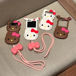 Cute Stereoscopic Sanrio Hello Kitty with Lanyard Phone Case for Samsung Galaxy Z Flip 3 4 5 5G Silica gel Soft Back Cover Girl