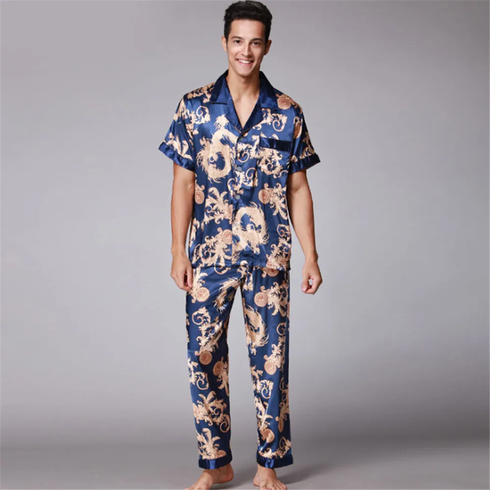 Men Dragon Print Pajama Sets Sleepwear For Man Shirt Silk Short Sleeve Sleeping Satin Home Night Wear Plus Size Loungewear