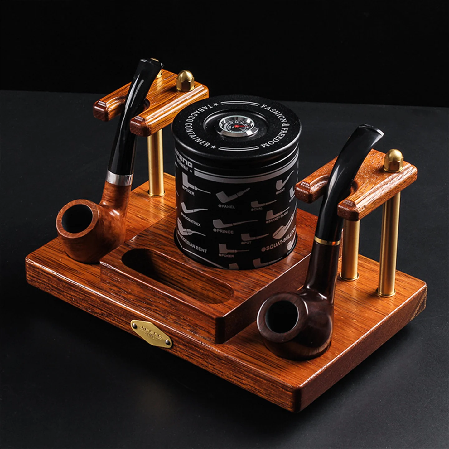 Retro Merbau Wood Pipe Rack + Moisturizing Tobacco Can Set Cut Tobacco Pipe Holder Base Two Seats Smoking Storage Accessories