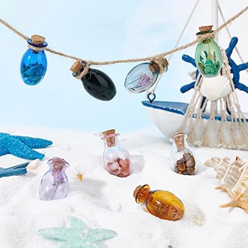10pcs Mini Glass Bottles Colored Tiny Spell Jars Mini Potion Bottle Oval Wishing Bottle Vials with Corks Stopper Drifting Bottle