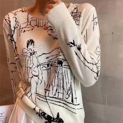 T-Shirt en tricot à manches longues pour femme, haut raffiné en Imitation de laine, Graffiti numérique, pull Jacquard, pull d'été fin, 2023