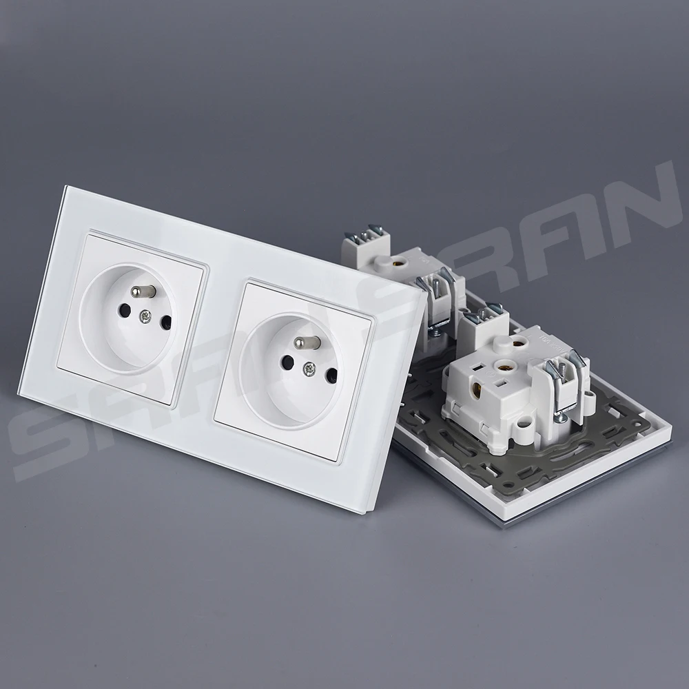 VISWE 2 gang French electrical socket 16A 110-250V 153*82mm Tempered Glass Panel France Power Socket with iron claws