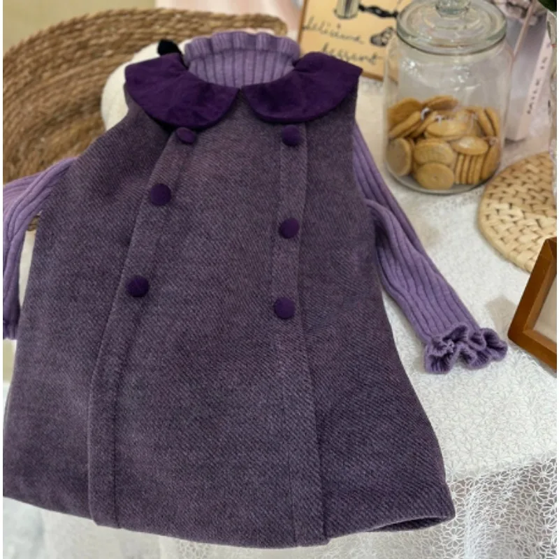 Girl's Autumn and Winter Purple Woolen Vest Dress, Small Fragrant Style Noble Baby Princess Dress