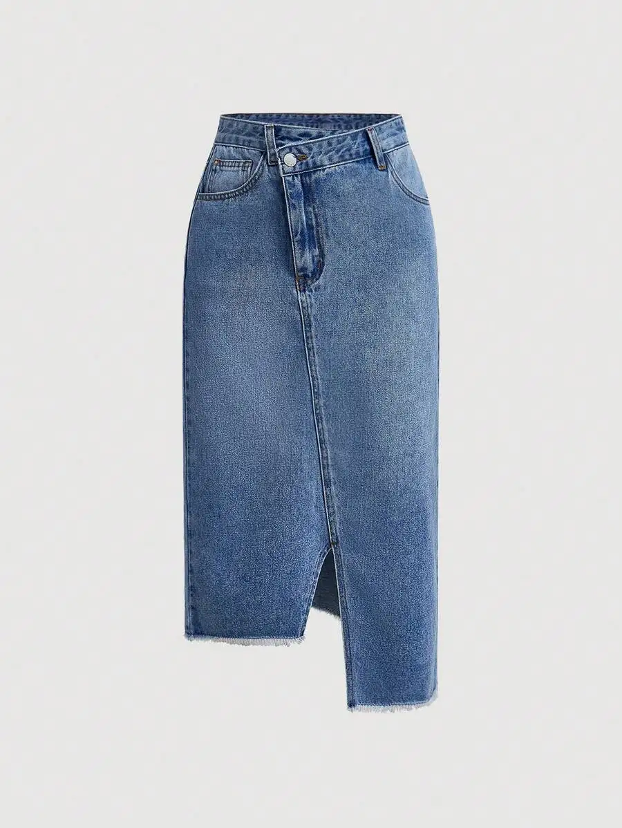 

Women's Blue Denim Midi Skirt with Front Slit and Asymmetrical Hem