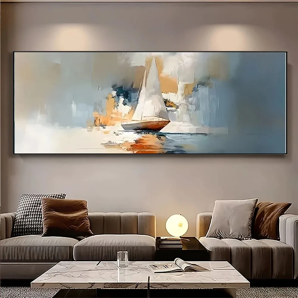 

Large Abstract Sailboat Seascape Handmade Oil Painting on Canvas Textured Blue Ocean Landscape Wall Art for Home Decor