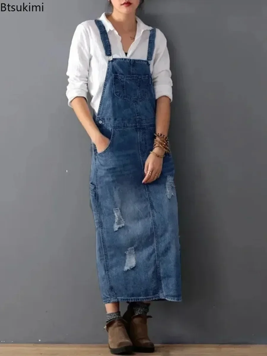 2024 Women' Denim Dresses Suspender Sleeveless Strap Straight Long Skirts Summer Loose Jumpsuit Overalls Jeans Dresses Vestidos