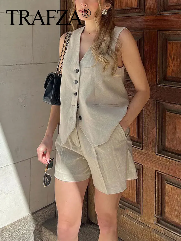 TRAFZA Pant Suit For Women 2023 Summer Fashion Solid Single Breasted Vest Top + Slim Shorts Set Female Casual Vintage Streetwear