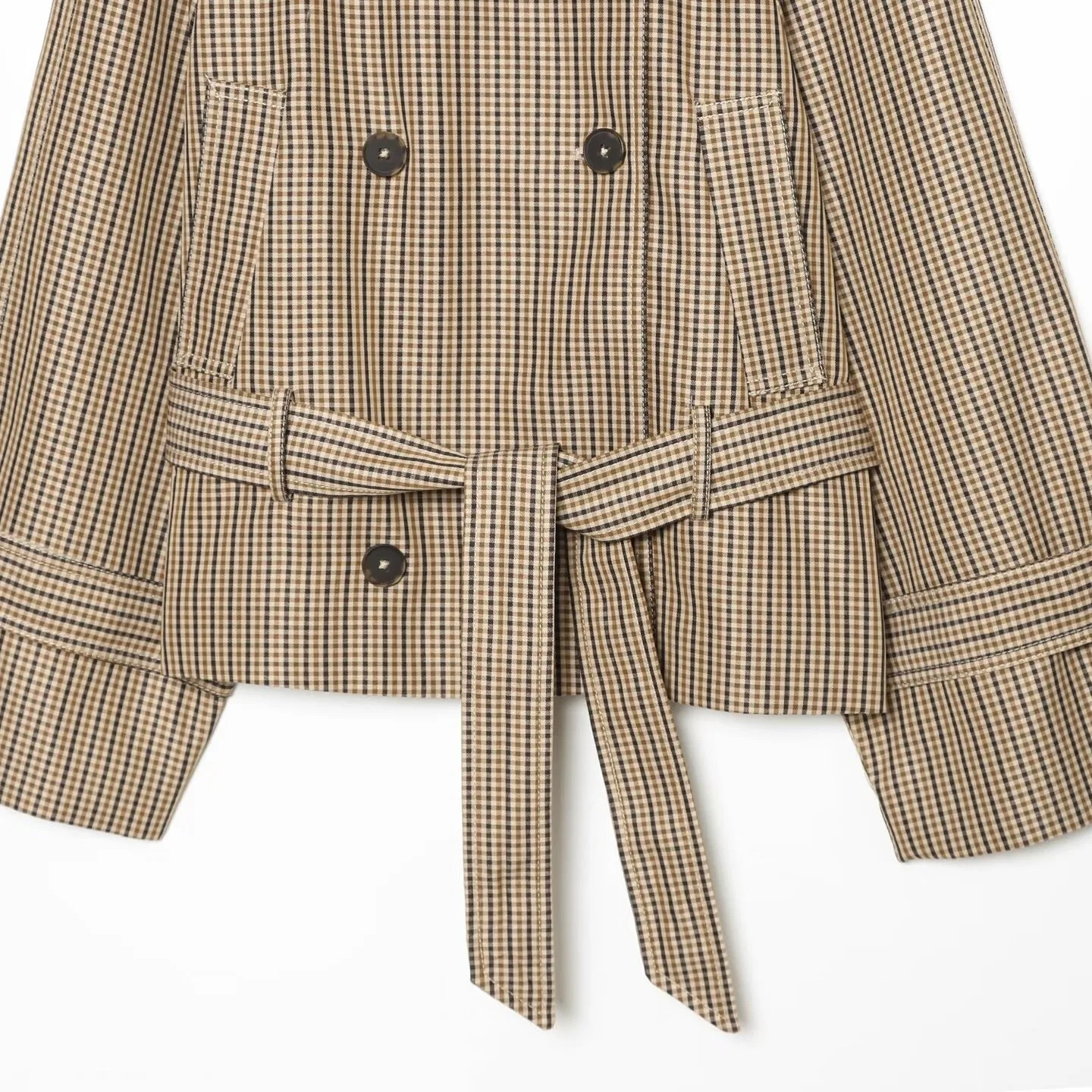 Damen Herbst Winter Trendige Karo-Kurzjacke mit Doppelreiher, Gürtel und Taschen, Jacken-Outfits, Streetwear, Trenchcoat für Frauen – Detail 8